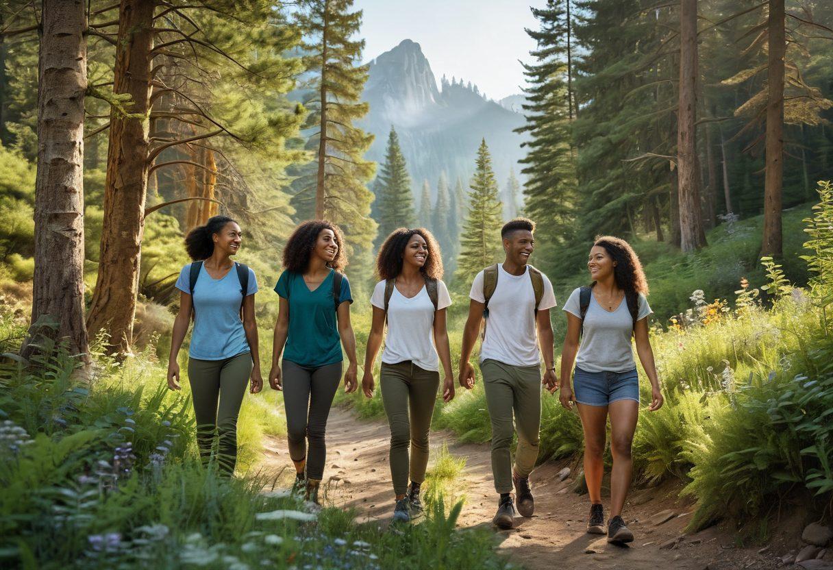A serene outdoor scene depicting a diverse group of friends hiking together through a vibrant forest trail, surrounded by lush greenery and majestic mountains in the background. They are laughing and enjoying each other's company, symbolizing connection and togetherness. Soft sunlight filters through the trees, creating a warm and inviting atmosphere. Include elements of nature like colorful wildflowers and a serene river nearby. super-realistic. vibrant colors. high detail.