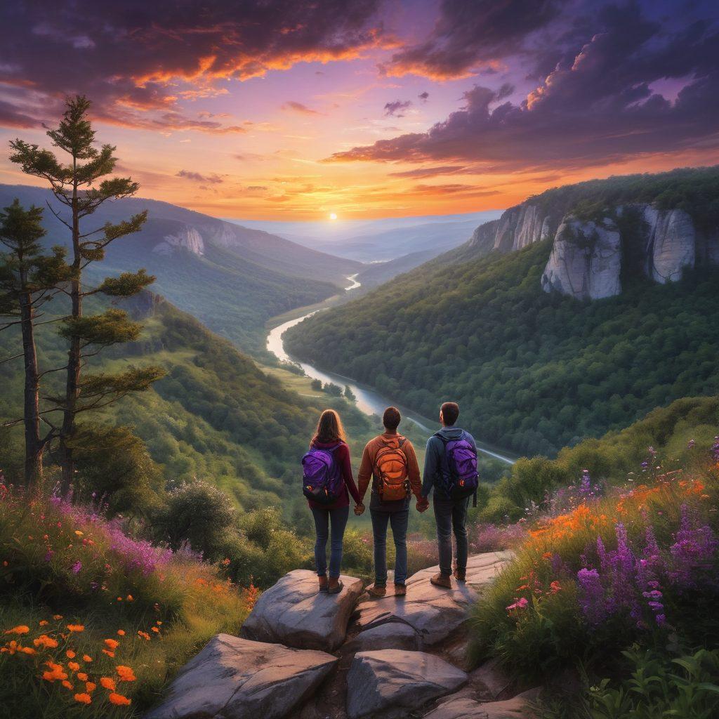 A couple standing on a cliff edge, overlooking a stunning sunset where vibrant oranges and purples blend in the sky. They share an intimate moment, holding hands with their backpacks resting nearby, surrounded by lush greenery and wildflowers. In the distance, a valley unfolds, hinting at trails unexplored. Soft glowing fireflies illuminate the scene, enhancing the magical feel of nature's embrace. super-realistic. vibrant colors.
