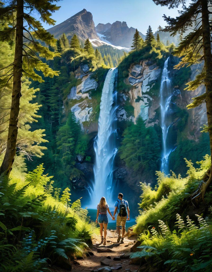 A couple joyfully hiking through a lush green forest, hand in hand, with a scenic mountain backdrop. They share a moment of laughter as they pause to admire a waterfall. The scene is bathed in warm sunlight filtering through the trees, symbolizing adventure and love. Include elements of nature like wildflowers and a clear blue sky to enhance the romantic atmosphere. vibrant colors. super-realistic.
